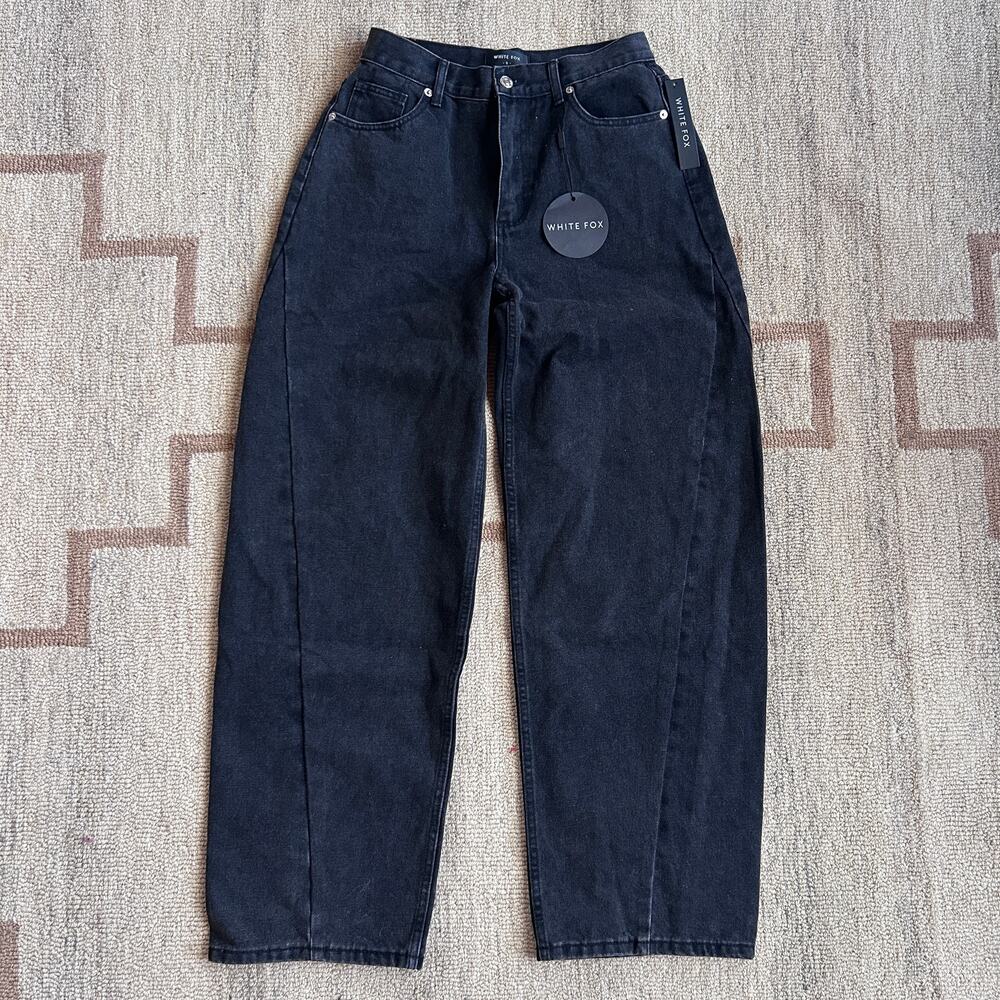 White Fox Barrel Leg Jeans Washed Black High Rise Wide Leg Denim NWT Women S 28"